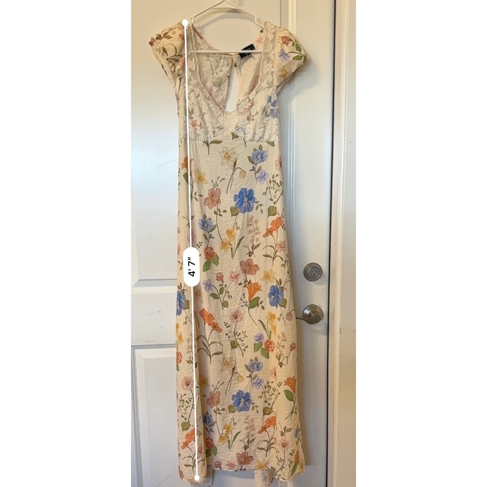 VICI Floral Lace Bodice Open Back Maxi Dress Cream Blue Orange Womens Medium - Picture 7 of 8